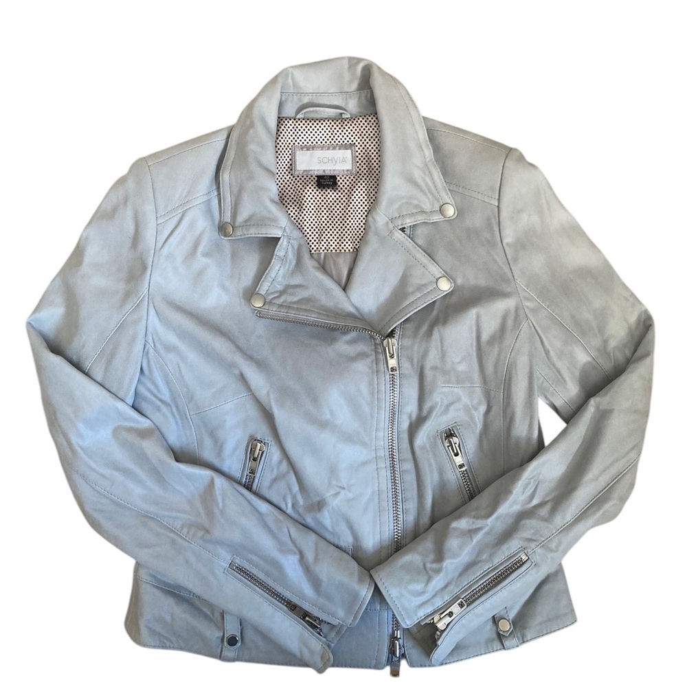 Schyia Lamb Leather Moto Jacket Light Blue - Picture 7 of 13